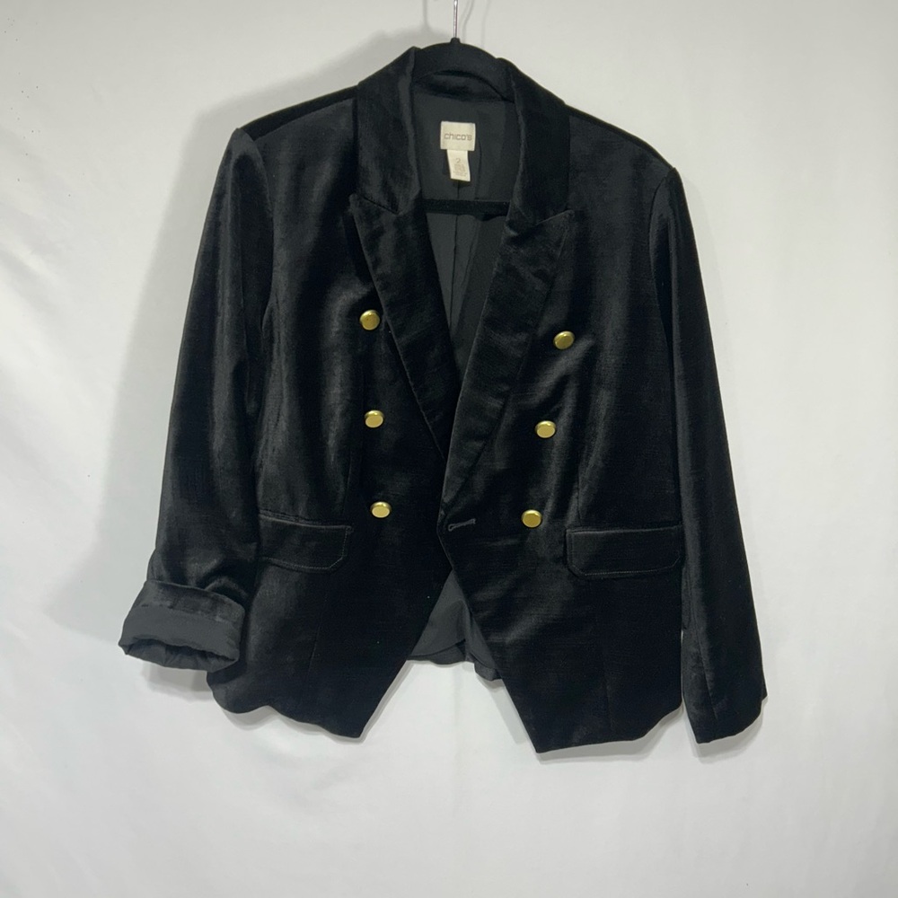 Chicos Black Velvet Blazer with Gold Buttons